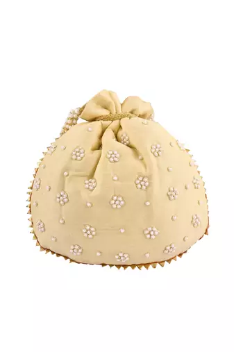 Beige Art Silk Pearl Work Potli Bag