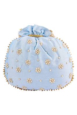 Sky Blue Art Silk Pearl Work Potli Bag 1
