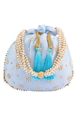 Sky Blue Art Silk Pearl Work Potli Bag 2