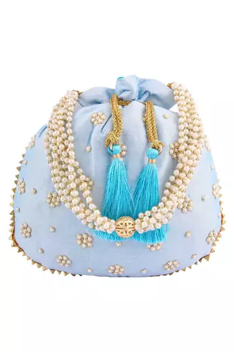 Sky Blue Art Silk Pearl Work Potli Bag