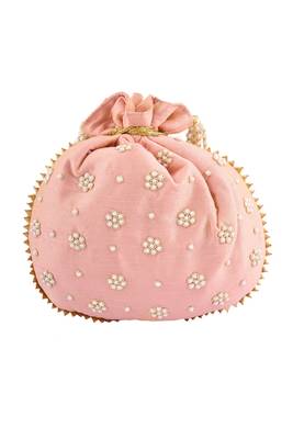 Peach Art Silk Pearl Work Potli Bag 1