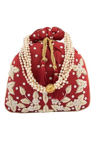 Maroon Art Silk Handwork Potli Bag