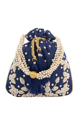 Navy Blue Art Silk Handwork Potli Bag 1