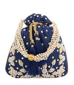 Navy Blue Art Silk Handwork Potli Bag