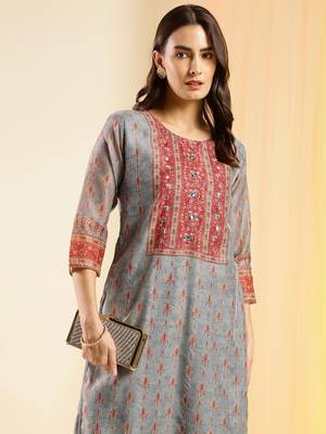 Grey  Chinon Digital Printed With Hand Work Kurta 3