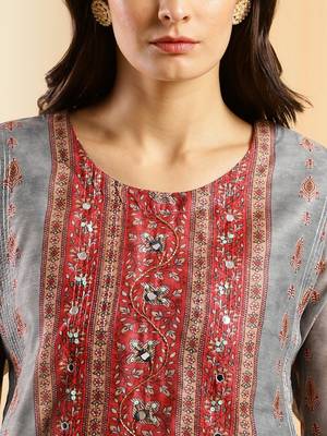 Grey  Chinon Digital Printed With Hand Work Kurta 4