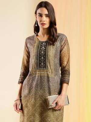 Brown Chinon Digital Printed With Hand Work Kurta 3