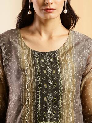 Brown Chinon Digital Printed With Hand Work Kurta 4