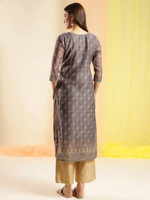 Grey Chinon Digital Printed With Hand Work Kurta 2