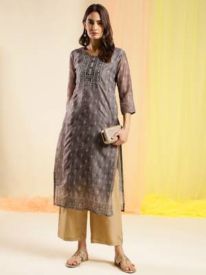 Grey Chinon Digital Printed With Hand Work Kurta 3
