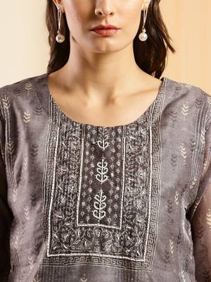 Grey Chinon Digital Printed With Hand Work Kurta 4