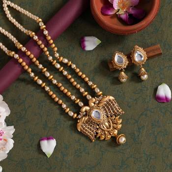 Gold color long matte gold temple necklace set 2