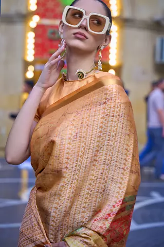 Orange Poly Viscose Printed Saree With Blouse