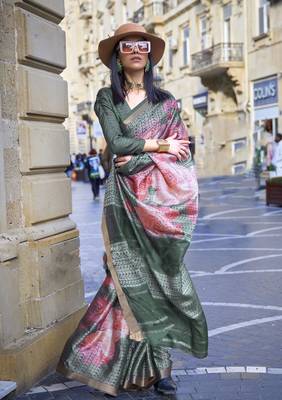 Bottle Green Poly Viscose Printed Saree With Blouse 1