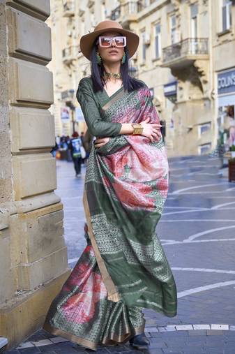 Bottle Green Poly Viscose Printed Saree With Blouse