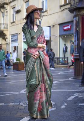 Bottle Green Poly Viscose Printed Saree With Blouse 3