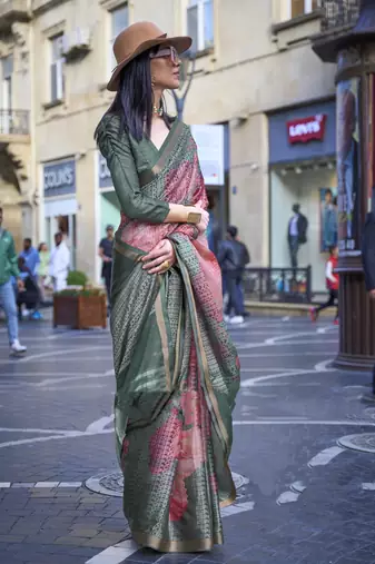 Bottle Green Poly Viscose Printed Saree With Blouse