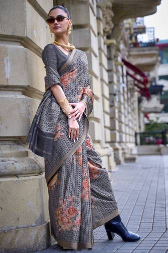 Navy Blue Poly Viscose Printed Saree With Blouse