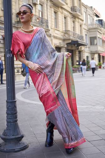 Multicolor Poly Viscose Printed Saree With Blouse