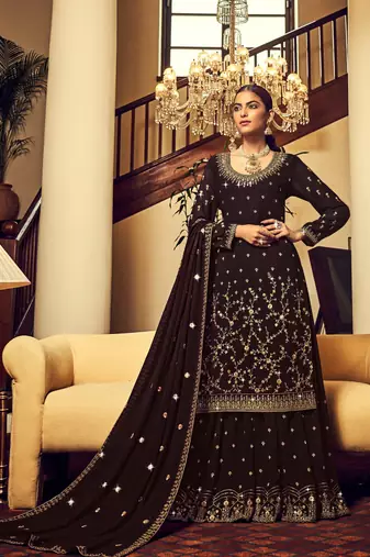 Coffee georgette heavy thread embroidery with sequins work salwar kameez