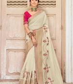Cream soft cotton heavy thread embroidery with jacquard work saree with blouse