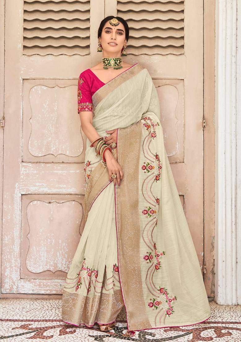 Cream soft cotton heavy thread embroidery with jacquard work saree with blouse