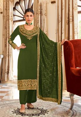 Green pure vichitra heavy thread embroidery with sequins work salwar kameez 1