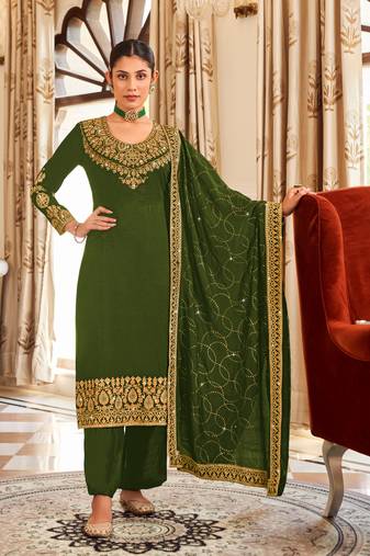 Green pure vichitra heavy thread embroidery with sequins work salwar kameez