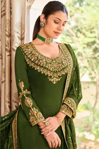 Green pure vichitra heavy thread embroidery with sequins work salwar kameez