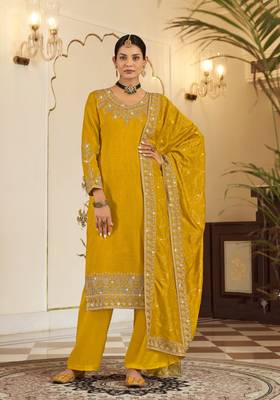 Mustard pure vichitra heavy thread embroidery with sequins work salwar kameez 1