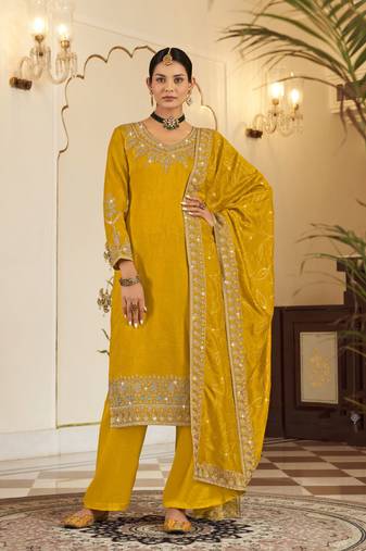 Mustard pure vichitra heavy thread embroidery with sequins work salwar kameez