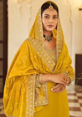 Mustard pure vichitra heavy thread embroidery with sequins work salwar kameez 2