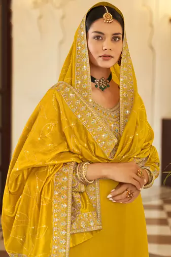 Mustard pure vichitra heavy thread embroidery with sequins work salwar kameez