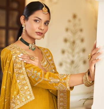 Mustard pure vichitra heavy thread embroidery with sequins work salwar kameez 3