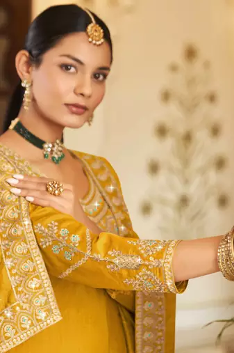 Mustard pure vichitra heavy thread embroidery with sequins work salwar kameez