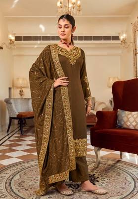 Brown pure vichitra heavy thread embroidery with sequins work salwar kameez 1