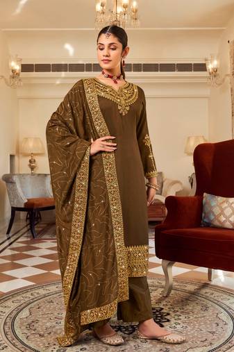 Brown pure vichitra heavy thread embroidery with sequins work salwar kameez
