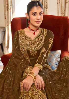 Brown pure vichitra heavy thread embroidery with sequins work salwar kameez 2