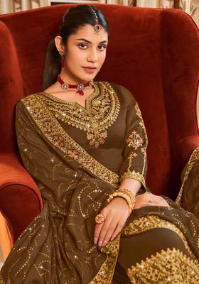 Brown pure vichitra heavy thread embroidery with sequins work salwar kameez 3