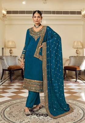 Teal blue pure vichitra heavy thread embroidery with sequins work salwar kameez 1