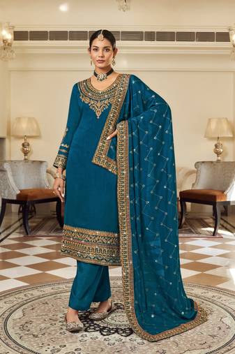 Teal blue pure vichitra heavy thread embroidery with sequins work salwar kameez