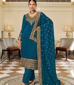 Teal blue pure vichitra heavy thread embroidery with sequins work salwar kameez