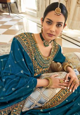 Teal blue pure vichitra heavy thread embroidery with sequins work salwar kameez 2