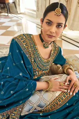 Teal blue pure vichitra heavy thread embroidery with sequins work salwar kameez