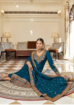 Teal blue pure vichitra heavy thread embroidery with sequins work salwar kameez 3