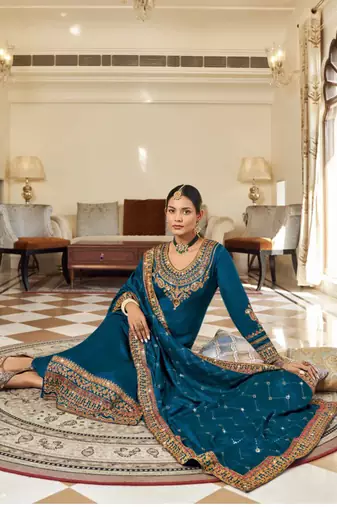 Teal blue pure vichitra heavy thread embroidery with sequins work salwar kameez