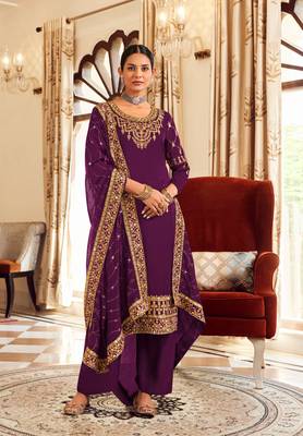 Violet Silk blend thread embroidery with sequins work salwar kameez 1