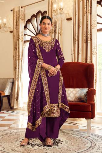 Violet Silk blend thread embroidery with sequins work salwar kameez