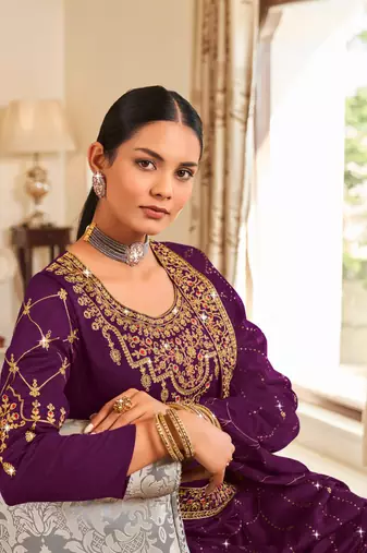 Violet Silk blend thread embroidery with sequins work salwar kameez