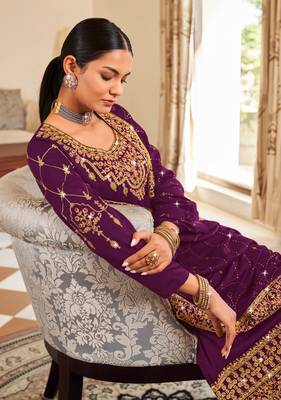 Violet Silk blend thread embroidery with sequins work salwar kameez 3
